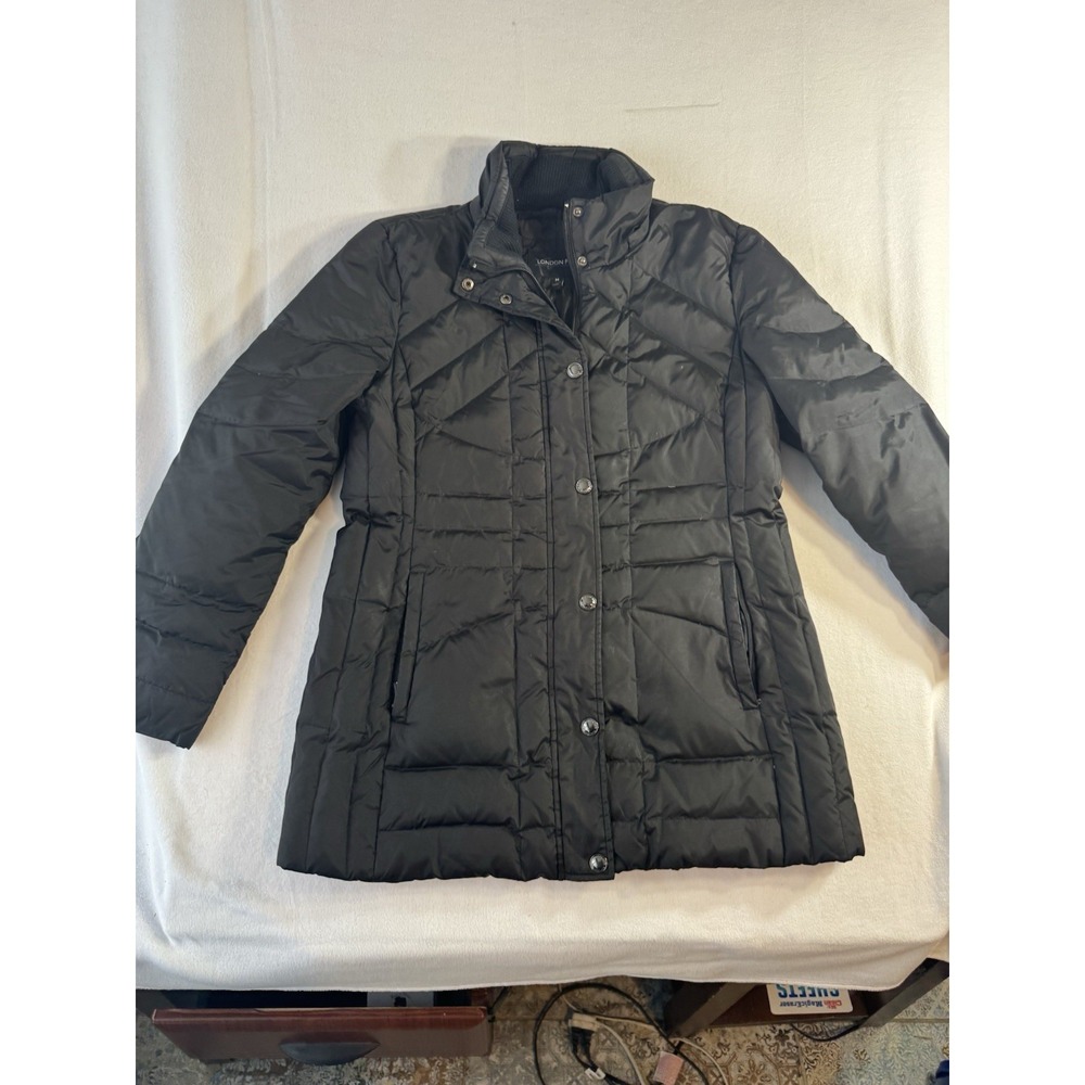 London Fog Womens M Black Down Puffer Coat Quilted Jacket Faux Fur Hood